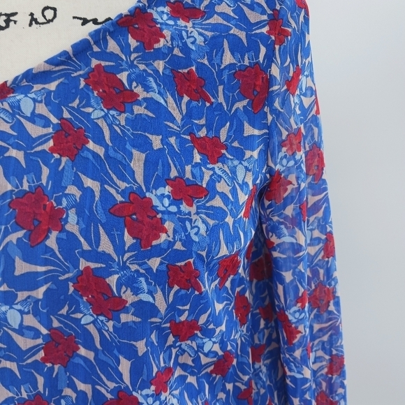 Lucky Brand Blouse One Shoulder Floral Blue Chiffon Elastic Waist Womens XS - Picture 3 of 7